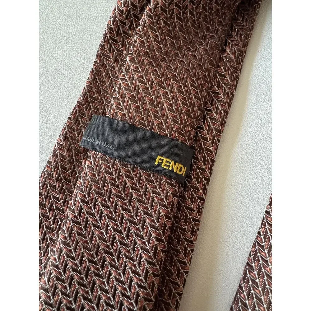 Fendi Tie Mens Pink Brown Herringbone Silk Logo Jacquard Made Italy Designer